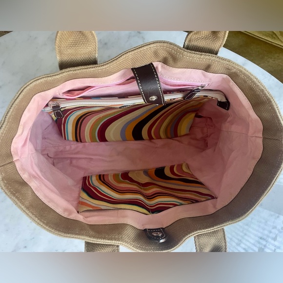 Paul Smith canvas tote, multicolor fabric interior, ext pocket, snap close, GUC - Picture 16 of 16